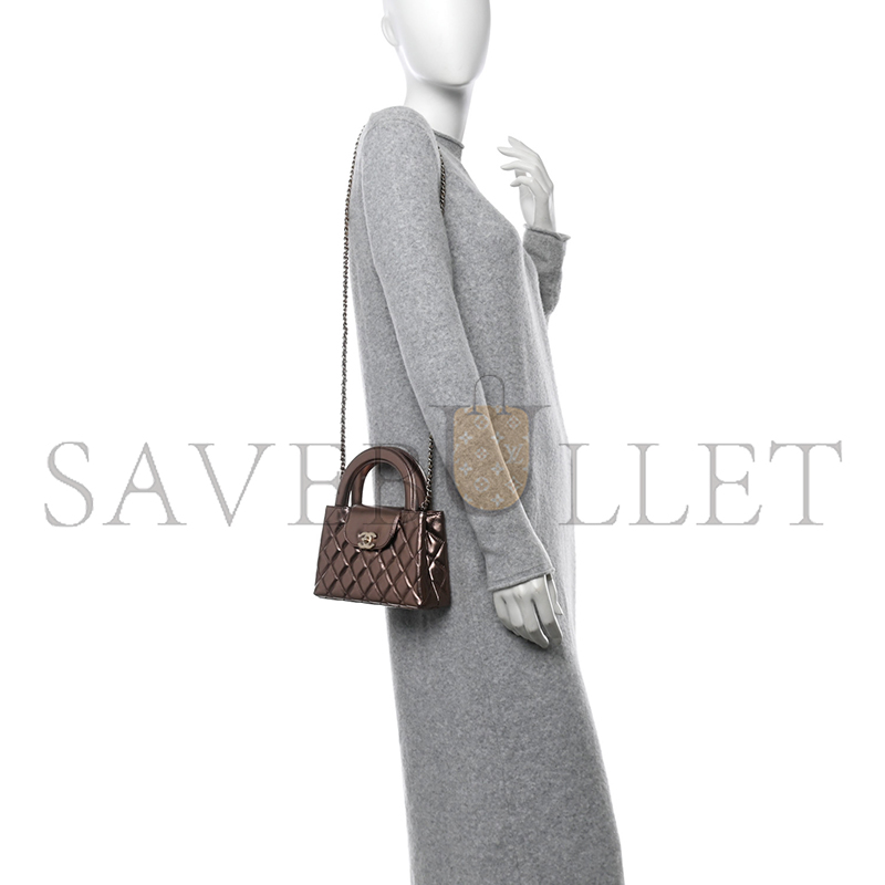 CHANEL METALLIC AGED CALFSKIN QUILTED NANO KELLY SHOPPER LIGHT BROWN (19*13*7cm) 